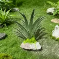 Adorno de planta acuática artificial con base de piedra de cristal para micropaisaje de acuario. - Cristal de Roca + Hierba Artificial