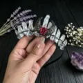Gothic crystal quartz tiara headband with metal crescent moon and red rose for women. - AB White and Black Wire and Antique Bronze Hollow Moon Flower