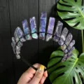 Natural crystal crown headband detail, raw purple amethyst stone with black wire design. - Iridescent Purple