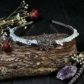 Detailed shot of a handmade crystal gemstone sun headband, exquisite natural wire-wrapped accessory. - Clear Quartz With Sunflower