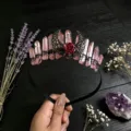 Natural crystal crown headband with pink quartz pillars and gothic moon design for women. - Pink and Black Wire and Antique Bronze Hollow Moon Flower