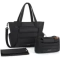 Black quilted diaper bag tote set with matching organizer and changing pad for moms. - Black