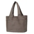 Grey canvas tote bag detail view, casual shoulder handbag with multiple pockets for daily work. - 39 x 18 x 31 cm / Camel