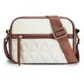 Close-up of the quilted front pocket, adjustable brown strap, and gold hardware details. - Coffee