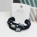 Premium 3-piece carded hair ties with marble pattern beads, high elasticity twill rubber bands. - 5# Letter Black