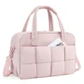 Détail sac cabas voyage matelassé, sac de sport rose doux avec bandoulière et compartiment PC. - Rose Lotus