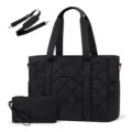 Black quilted tote bag set with matching small pouch and adjustable strap detail view - Black