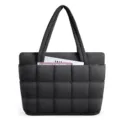 Black quilted tote bag with puffer design, dual top handles, front pocket and expansion zipper. - 17.7 x 5.9 x 12.6 Inches / Black