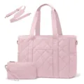 Pink quilted laptop tote bag with matching pouch and adjustable strap for daily use. - Pink