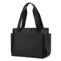 Detailed view of black lightweight tote bag showing side pockets and reinforced double handles. - Black