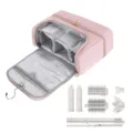 Detailed view of the multi-functional travel hair dryer storage bag showing internal compartments. - 14.25 x 5.5 x 9 Inches / Pink