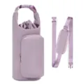 Close-up detail of the purple water bottle bag featuring a front pocket and adjustable strap. - Purple
