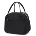 Black quilted insulated lunch bag detail, portable thermal design with front storage pocket. - 8.6 x 6.3 x 10.6 inches / Black