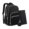 Black diaper backpack set with gold zippers, quilted front pocket and portable changing pad. - 12 x 8 x 16.5inch / Black