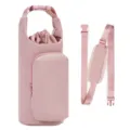 Pink insulated water bottle holder bag with phone pocket and adjustable shoulder strap. - Pink