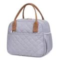 Quilted lunch bag detail view, insulated thermal tote with durable brown handles and front pocket. - 8.6 x 6.3 x 10.6 inches / Gray