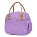 Quilted insulated lunch bag detail showing purple fabric, brown handles, and smooth zipper closure. - 8.6 x 6.3 x 10.6 inches / Purple
