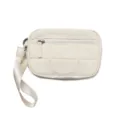 White quilted nylon wristlet wallet with zipper closure and strap, perfect travel card pouch. - Off White