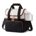 Dual-layer insulated lunch bag with side pocket for cup, featuring black and white design. - 30 x 31 x 16.5 cm / Black White Brown