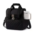 Black double layer insulated lunch bag with quilted front pocket and shoulder strap - 30 x 31 x 16.5 cm / Black