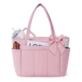 Pink nylon tote bag with bow detail, multi-pocket casual shoulder bag for daily work use. - Pink