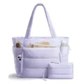Detailed view of the lightweight purple puffer tote bag with multi-compartments and matching pouch. - Purple