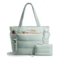 Large capacity puffy tote bag with multiple compartments, lightweight shoulder bag and pouch. - Light Green