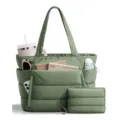 Puffy quilted tote bag with multi compartments, large capacity travel work handbag for women. - Army Green