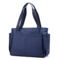 Casual navy blue nylon tote bag, lightweight shoulder handbag with multiple pockets for daily use. - Dark Blue