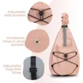 Gedetailleerd overzicht van de roze yogatas met verstelbare zijzakken en ventilatiegaten. - Onder 20L / Zwart