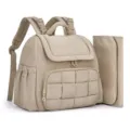 Detailed view of the quilted beige diaper backpack with matching changing pad and pockets. - 14.9 x 5.9 x 12 Inches / Khaki