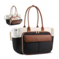 Multifunctional commuter tote bag interior detail view with multi-compartment storage and pocket. - Black White Brown