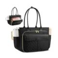 Black quilted women commuter tote bag with side pockets and multi-compartment interior. - Black