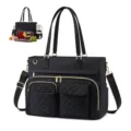 Large capacity black quilted tote bag with insulated lunch compartment and laptop sleeve for women - Black