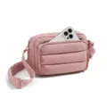 Pink quilted puffer crossbody bag with adjustable strap and handy front zipper pocket storage. - Pink
