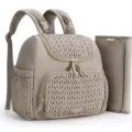 Sac à dos à langer gris compact avec design matelassé, zips dorés et matelas à langer assorti. - Chameau