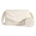 Detailed close-up view of the stylish quilted chevron crossbody bag featuring a handy round pouch. - 11 x 3.1 x 6.7 Inches / Off White