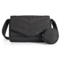 Black quilted crossbody bag for women with round coin purse and adjustable shoulder strap - 11 x 3.1 x 6.7 Inches / Black
