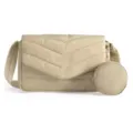 Detail view of quilted beige crossbody bag with flap, adjustable strap and round pouch. - 11 x 3.1 x 6.7 Inches / Khaki