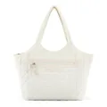 White quilted tote bag with zipper closure and front pocket for casual daily travel and shopping. - Off White