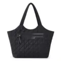 Black quilted tote bag with diamond pattern, double shoulder straps, and front zipper pocket. - Black