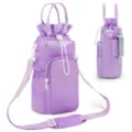 Purple water bottle bag with strap, insulated crossbody cup pouch with front pocket - Purple