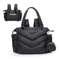 Detailed view of black quilted diaper backpack, convertible tote style with small pouch. - 17 x 6 x 13 Inches / Black