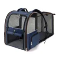 Expandable pet backpack for cats and dogs with breathable mesh and comfortable double straps. - Navy Blue