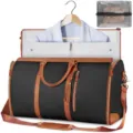 Convertible garment bag detail view showcasing hanging suit compartment and storage bag. - Black Brown