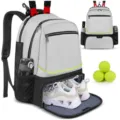 Large capacity tennis backpack with separate shoe compartment and racket holder for sports and travel. - Gray