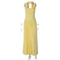 Yellow long sleeveless pleated maxi dress with neck scarf detail for women elegant casual - Dresses / Yellow / S