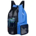 Blue mesh drawstring backpack with wet bag for swimming, gym, fitness and beach sports use. - Blue