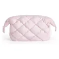 Close-up detail of a soft pink quilted puffer cosmetic makeup pouch with clean zipper design. - Lotus Pink