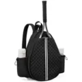 Detailed view of the black quilted tennis backpack showing the racket slot and side pockets. - Black